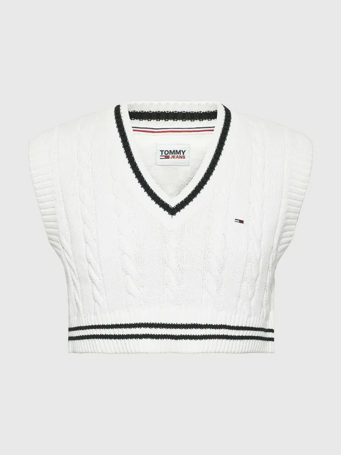 Tommy Hilfiger Cropped Cable Knit Vest Ecru Womens Knitwear Sale