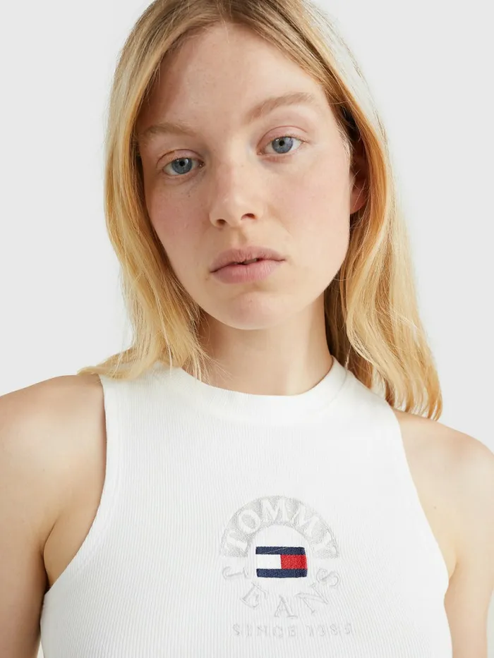 Tommy Hilfiger Cropped Logo Tank Top Ecru Womens TShirts On Sale