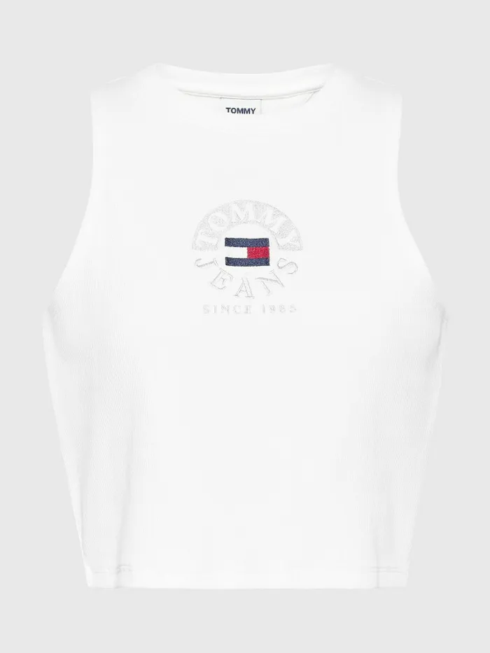 Tommy Hilfiger Cropped Logo Tank Top Ecru Womens TShirts On Sale