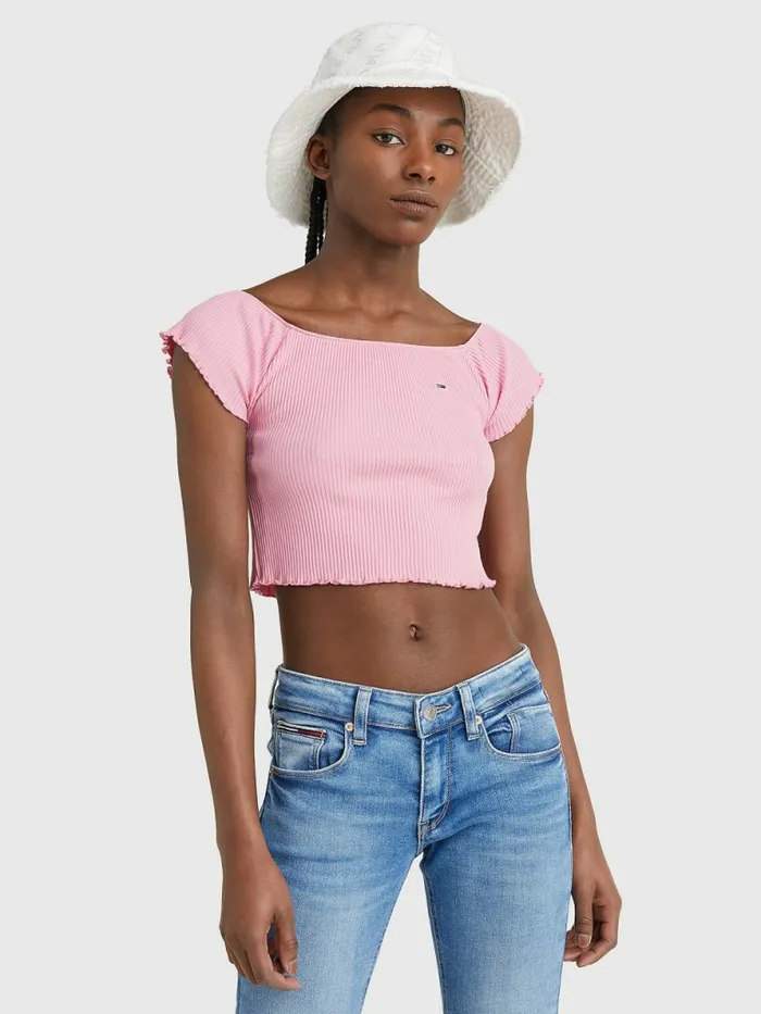 Tommy Hilfiger Cropped OffTheShoulder TShirt Fresh Pink Womens TShirts Cheap On Sale Tommy Hilfiger Cropped OffTheShoulder TShirt Fresh Pink Womens TShirts Cheap On Sale