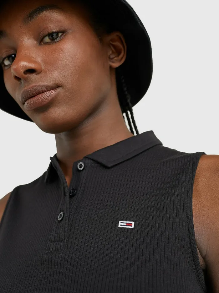 Tommy Hilfiger Cropped Sleeveless Rib Polo Black Womens Polo Shirts Sale