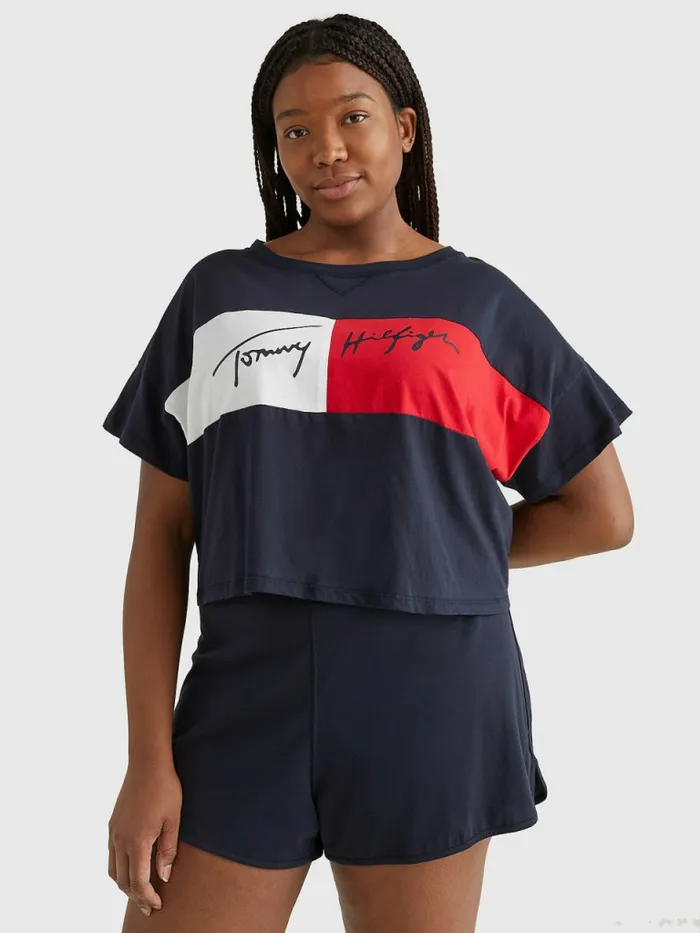 Tommy Hilfiger Curve ColourBlocked Cropped TShirt Desert Sky Womens Curve Fashion Tommy Hilfiger Curve ColourBlocked Cropped TShirt Desert Sky Womens Curve Fashion