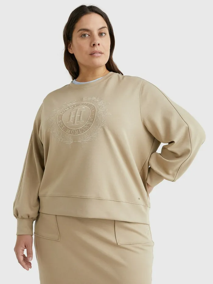 Tommy Hilfiger Curve Crest Embroidery Relaxed Sweatshirt Beige Womens Sweatshirts and Hoodies Cheap On Sale Tommy Hilfiger Curve Crest Embroidery Relaxed Sweatshirt Beige Womens Sweatshirts and Hoodies Cheap On Sale