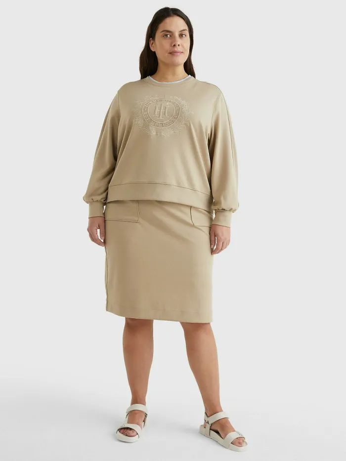 Tommy Hilfiger Curve Crest Embroidery Relaxed Sweatshirt Beige Womens Sweatshirts and Hoodies Cheap On Sale