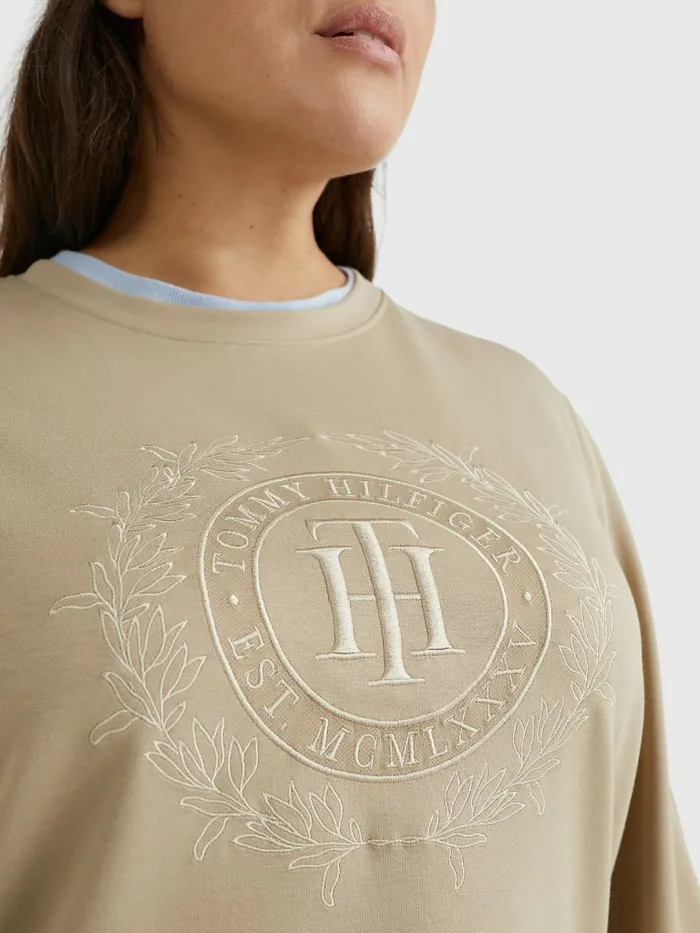 Tommy Hilfiger Curve Crest Embroidery Relaxed Sweatshirt Beige Womens Sweatshirts and Hoodies Cheap On Sale