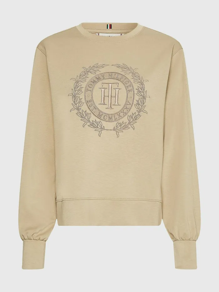 Tommy Hilfiger Curve Crest Embroidery Relaxed Sweatshirt Beige Womens Sweatshirts and Hoodies Cheap On Sale