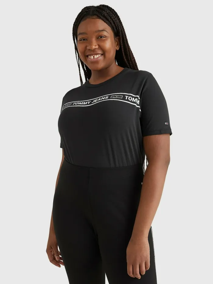 Tommy Hilfiger Curve Cut Out Logo Tape Bodysuit Black Womens Curve Fashion