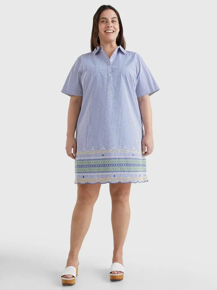 Tommy Hilfiger Curve Embroidery Short Sleeve Shirt Dress Cutwork Ithaca StpPeri Blue Womens Curve Fashion For Sale
