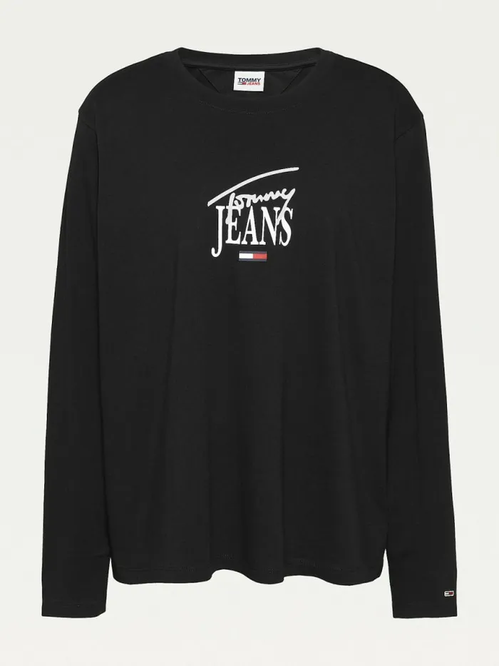 Tommy Hilfiger Curve Essential Logo Slim Fit Long Sleeve TShirt Black Womens TShirts Popular