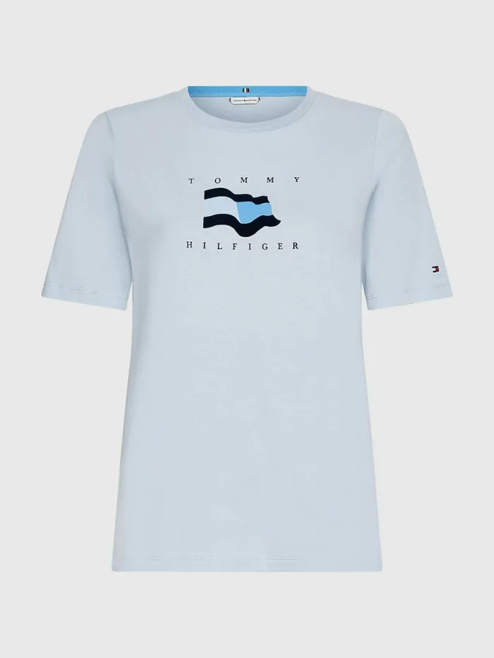 Tommy Hilfiger Curve Flock Flag TShirt Breezy Blue Womens TShirts Cheap On Sale