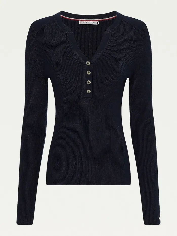 Tommy Hilfiger Curve Henley Ribbed Wool Blend Jumper Desert Sky Womens Knitwear Popular