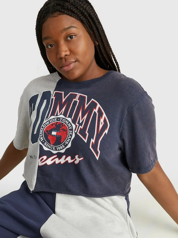 Tommy Hilfiger Curve Logo Cropped TShirt Twilight NavyMulti Womens Curve Fashion