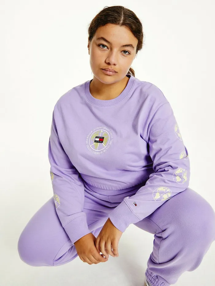 Tommy Hilfiger Curve Long Sleeves Cropped Fit TShirt Violet Viola Womens Curve Fashion Tommy Hilfiger Curve Long Sleeves Cropped Fit TShirt Violet Viola Womens Curve Fashion