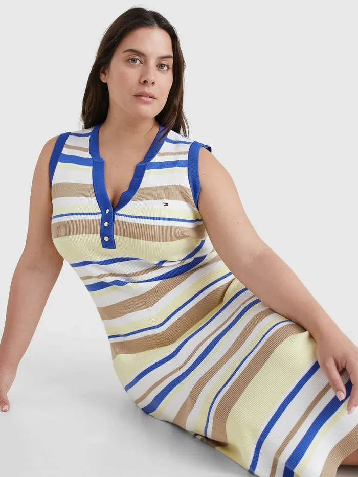 Tommy Hilfiger Curve Stripe Sleeveless Henley Midi Dress Lemon Twist Stp Swt Womens Dresses and Jumpsuits For Sale