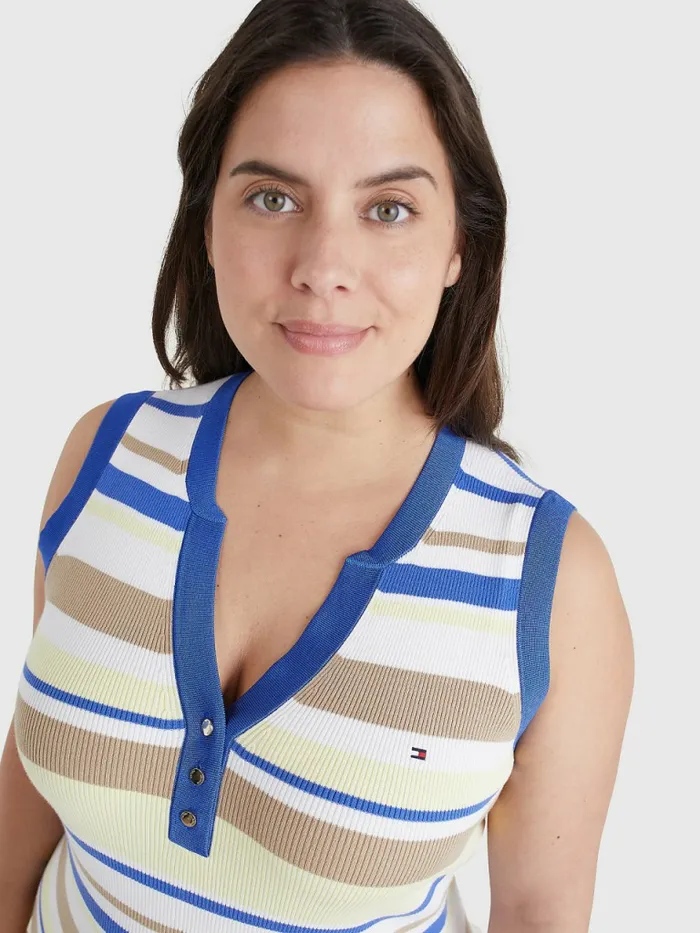 Tommy Hilfiger Curve Stripe Sleeveless Henley Midi Dress Lemon Twist Stp Swt Womens Dresses and Jumpsuits For Sale