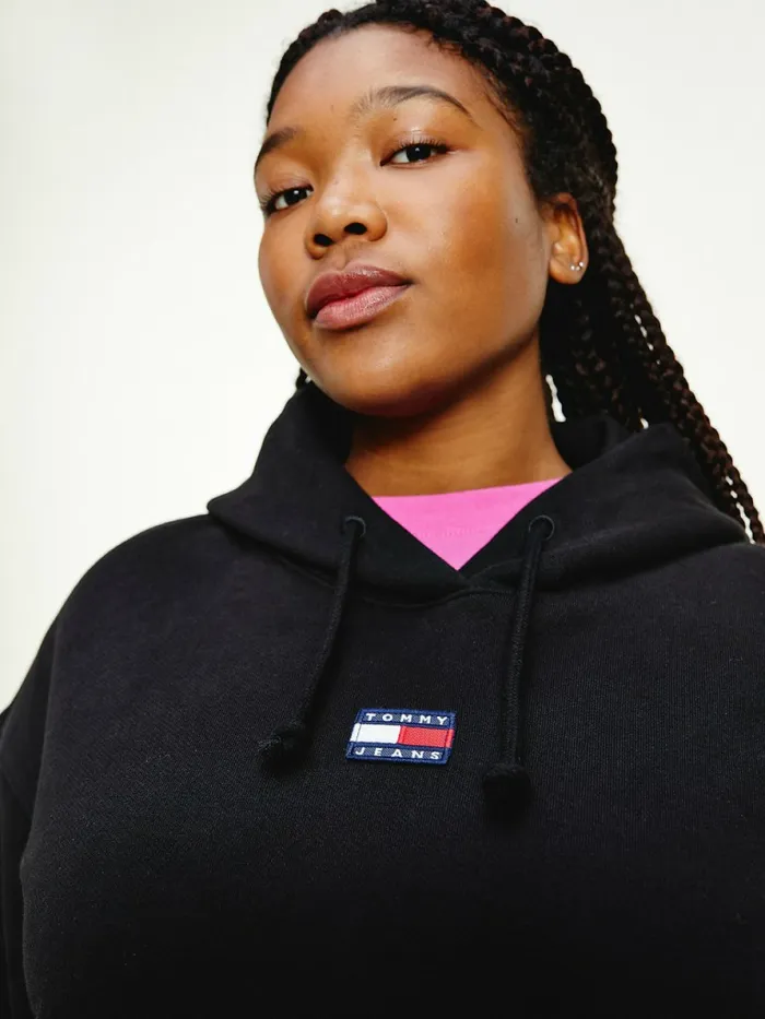Tommy Hilfiger Curve Tommy Badge Hoody Black Womens Sweatshirts and Hoodies Popular