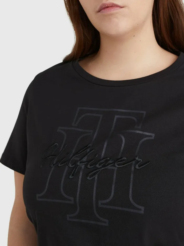 Tommy Hilfiger Curve Tonal Script Logo Organic Cotton TShirt Black Womens TShirts On Sale