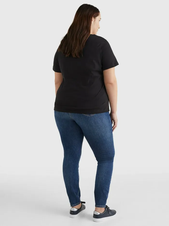 Tommy Hilfiger Curve Tonal Script Logo Organic Cotton TShirt Black Womens TShirts On Sale