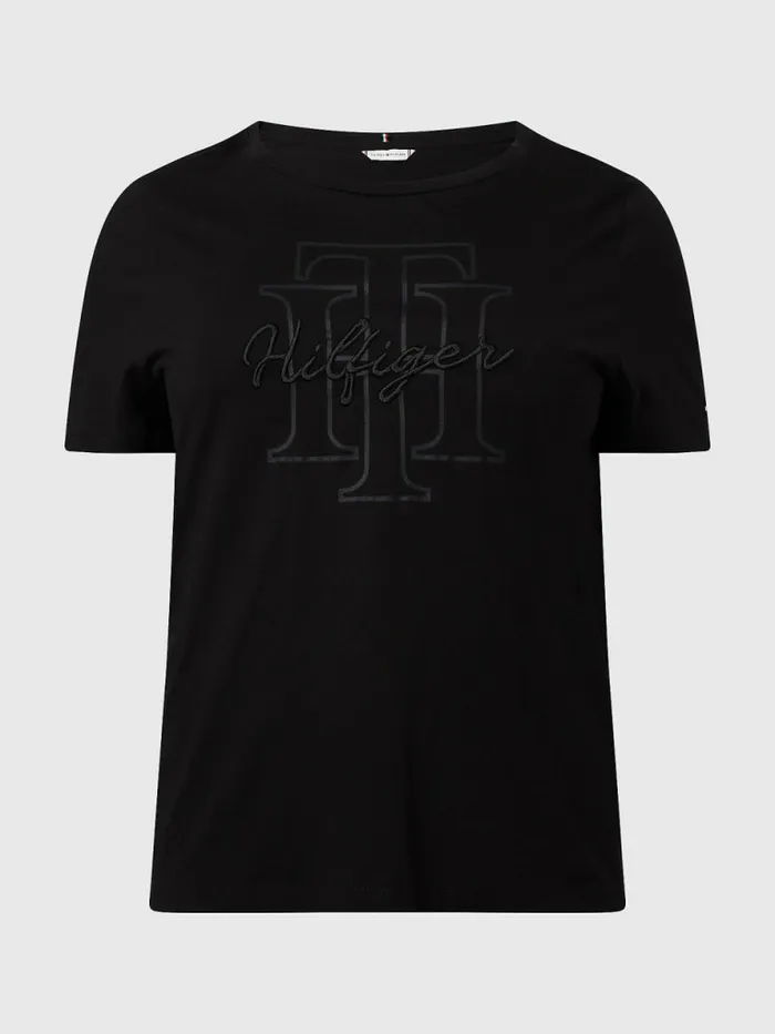 Tommy Hilfiger Curve Tonal Script Logo Organic Cotton TShirt Black Womens TShirts On Sale