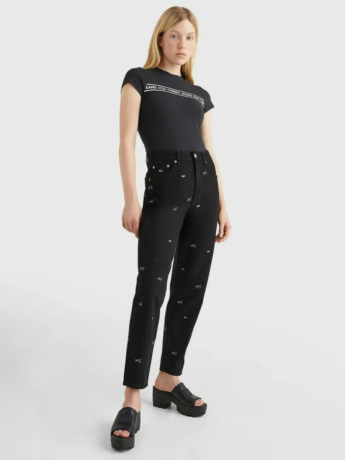 Tommy Hilfiger Cut Out Logo Tape Bodysuit Black Womens TShirts Popular