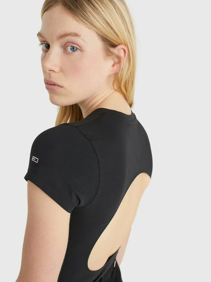 Tommy Hilfiger Cut Out Logo Tape Bodysuit Black Womens TShirts Popular