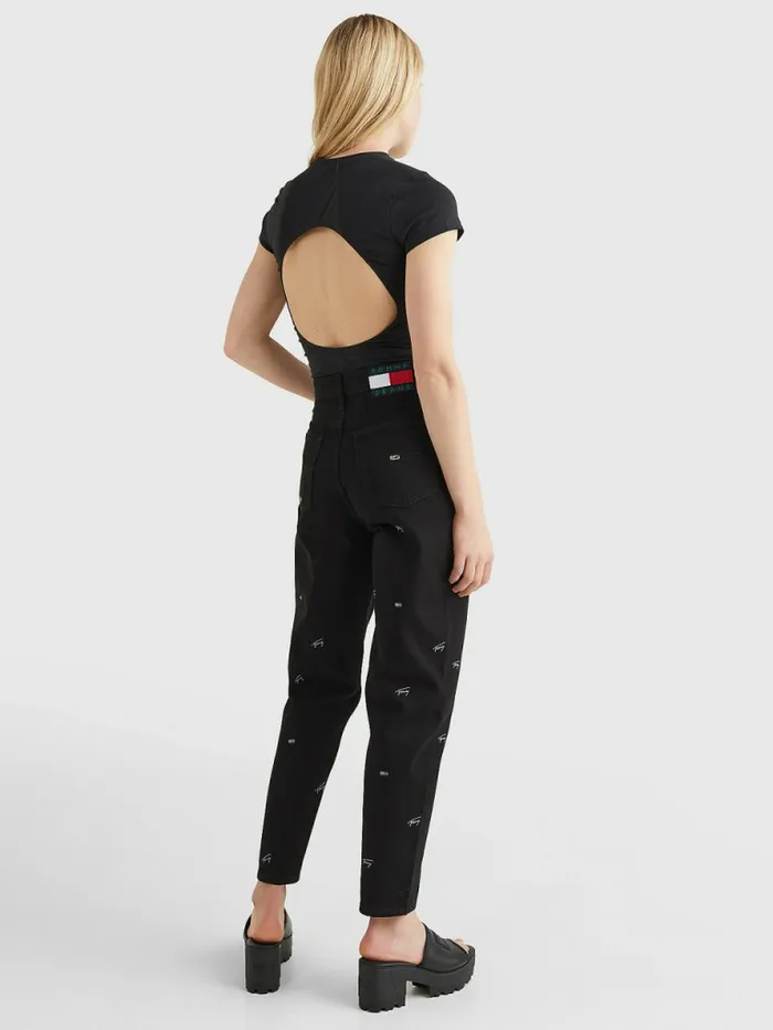 Tommy Hilfiger Cut Out Logo Tape Bodysuit Black Womens TShirts Popular