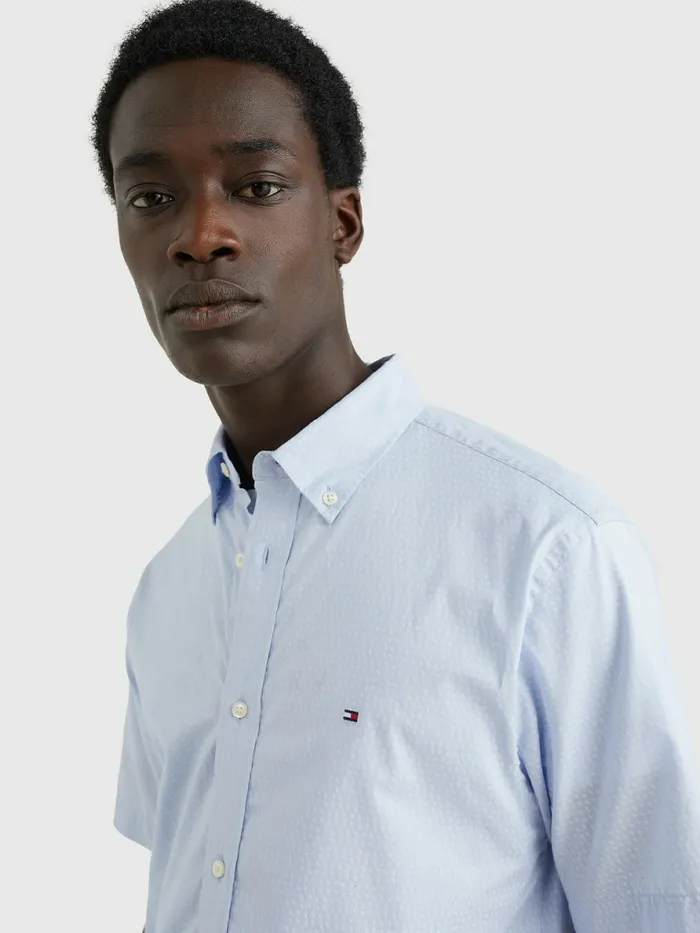 Tommy Hilfiger Dot Regular Fit Short Sleeve Shirt Breezy BlueOptic White Mens Shirts For Sale
