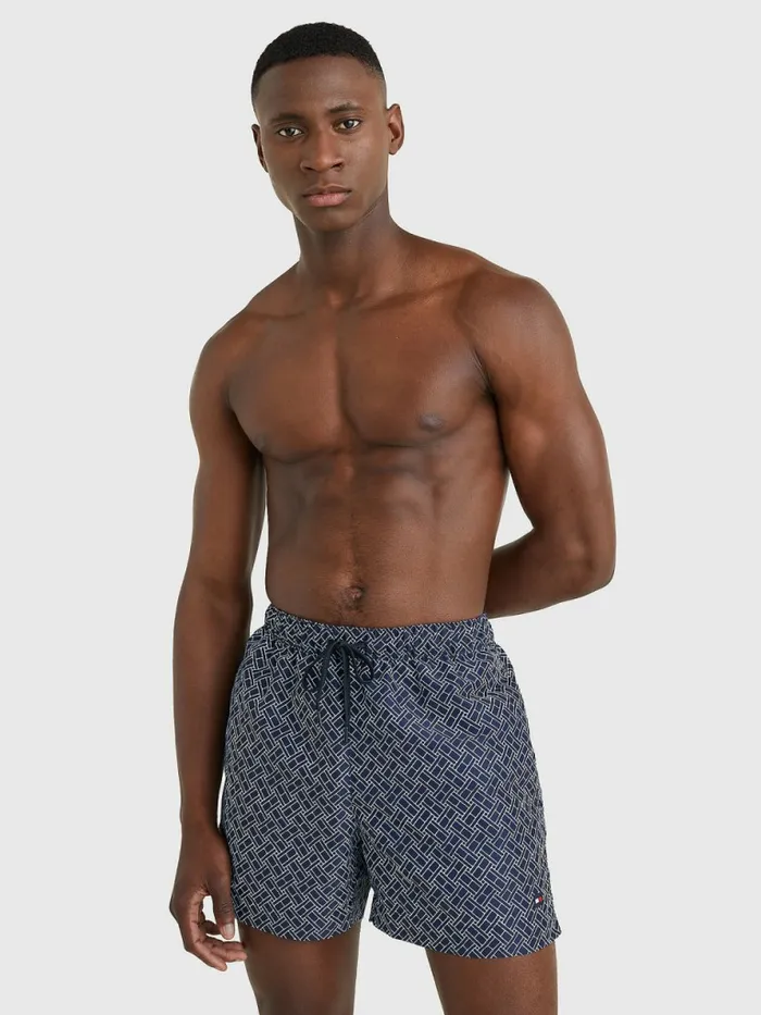 Tommy Hilfiger Drawstring Mid Length Swim Shorts Hil Brick Flag Blue Aop Mens Swimwear For Sale