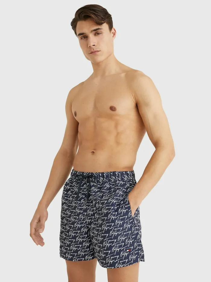 Tommy Hilfiger Drawstring Mid Length Swim Shorts Hil Signature Print Mens Swimwear Fashion