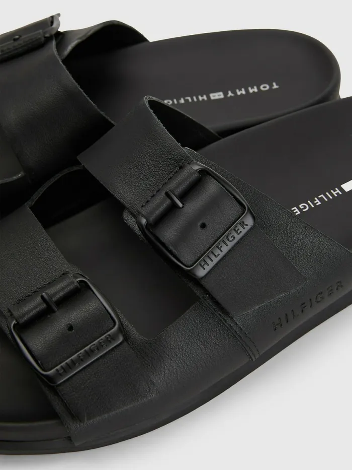 Tommy Hilfiger Elevated Double Buckle Leather Sandals Black Mens Sandals Sliders and Flip Flops Gift for Friend