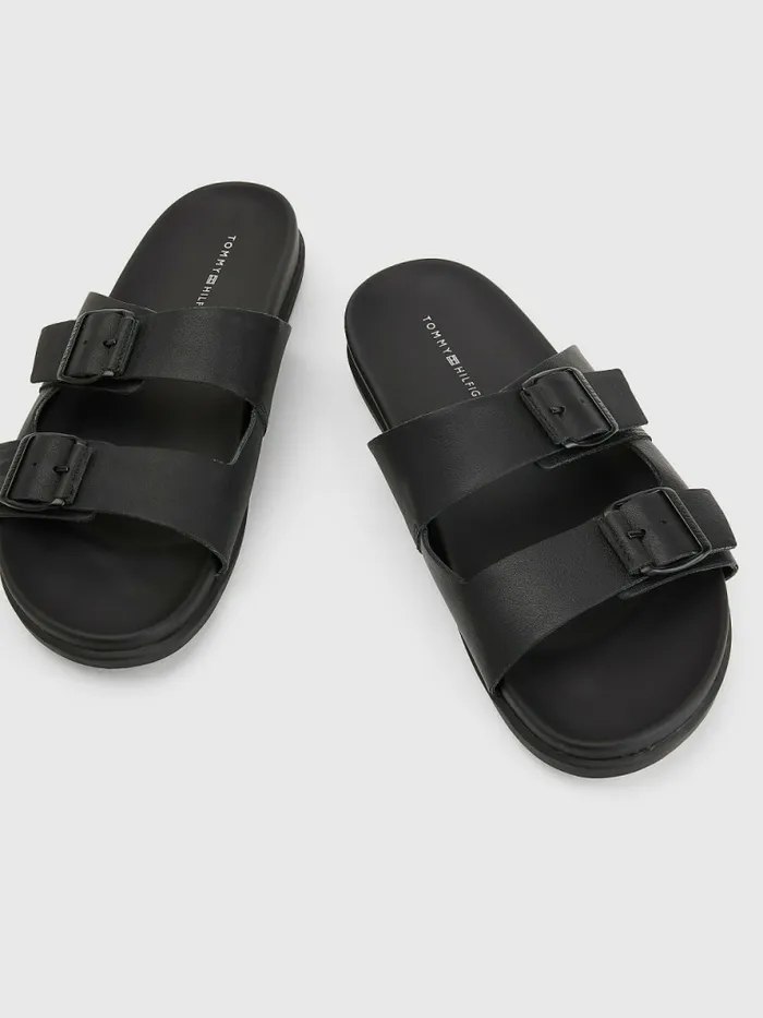 Tommy Hilfiger Elevated Double Buckle Leather Sandals Black Mens Sandals Sliders and Flip Flops Gift for Friend