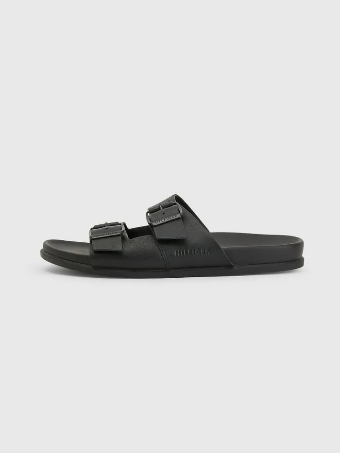 Tommy Hilfiger Elevated Double Buckle Leather Sandals Black Mens Sandals Sliders and Flip Flops Gift for Friend