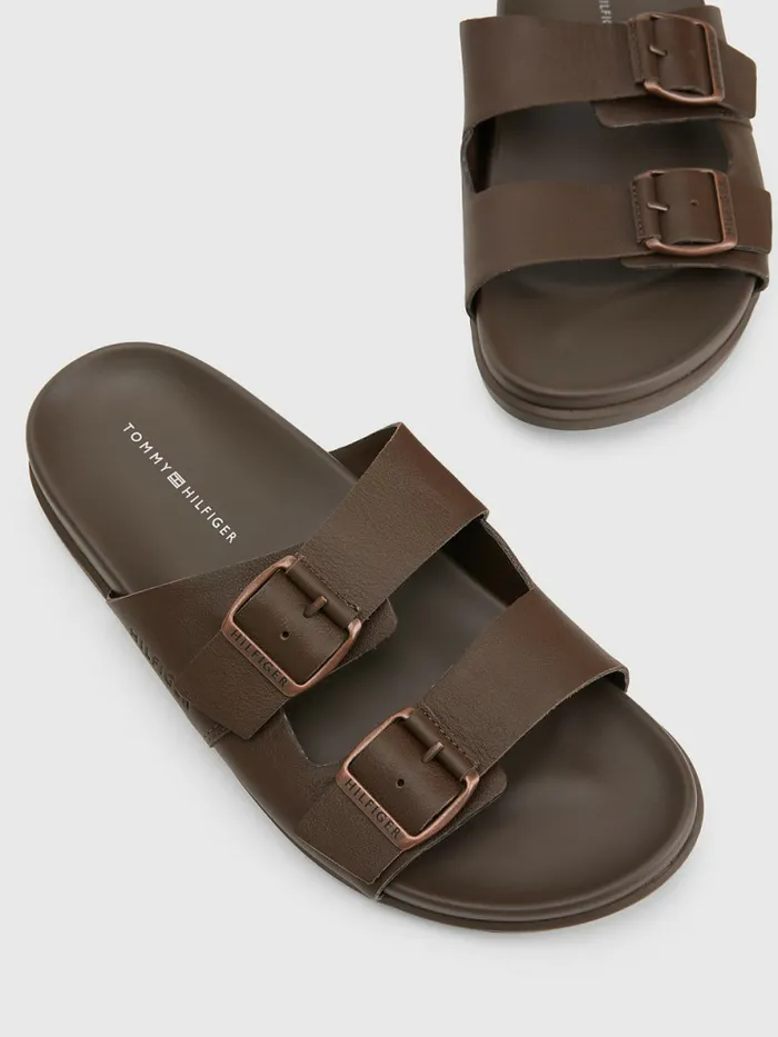 Tommy Hilfiger Elevated Double Buckle Leather Sandals Cocoa Mens Formal Shoes and Brogues Gift 4 You
