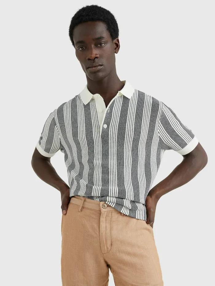 Tommy Hilfiger Elevated Vertical Stripe Polo Ivory Mens Knitwear For Sale