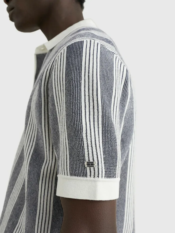 Tommy Hilfiger Elevated Vertical Stripe Polo Ivory Mens Knitwear For Sale