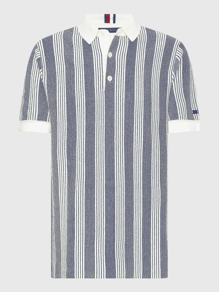 Tommy Hilfiger Elevated Vertical Stripe Polo Ivory Mens Knitwear For Sale