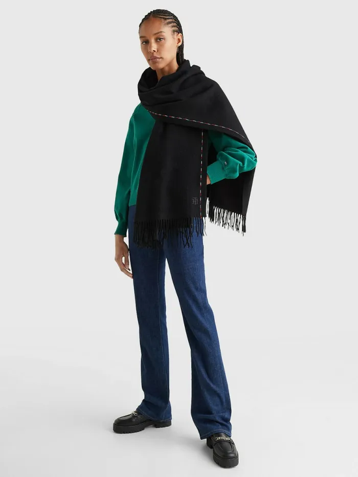 Tommy Hilfiger Elevated Wool Scarf Black Womens Hats and Scarves For Sale