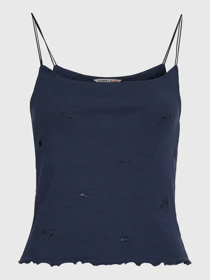 Tommy Hilfiger Embroidery Cropped Ribbed Tank Top Twilight Navy Womens TShirts Sale