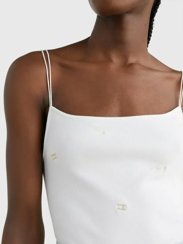 Tommy Hilfiger Embroidery Cropped Ribbed Tank Top White Womens TShirts Fashion