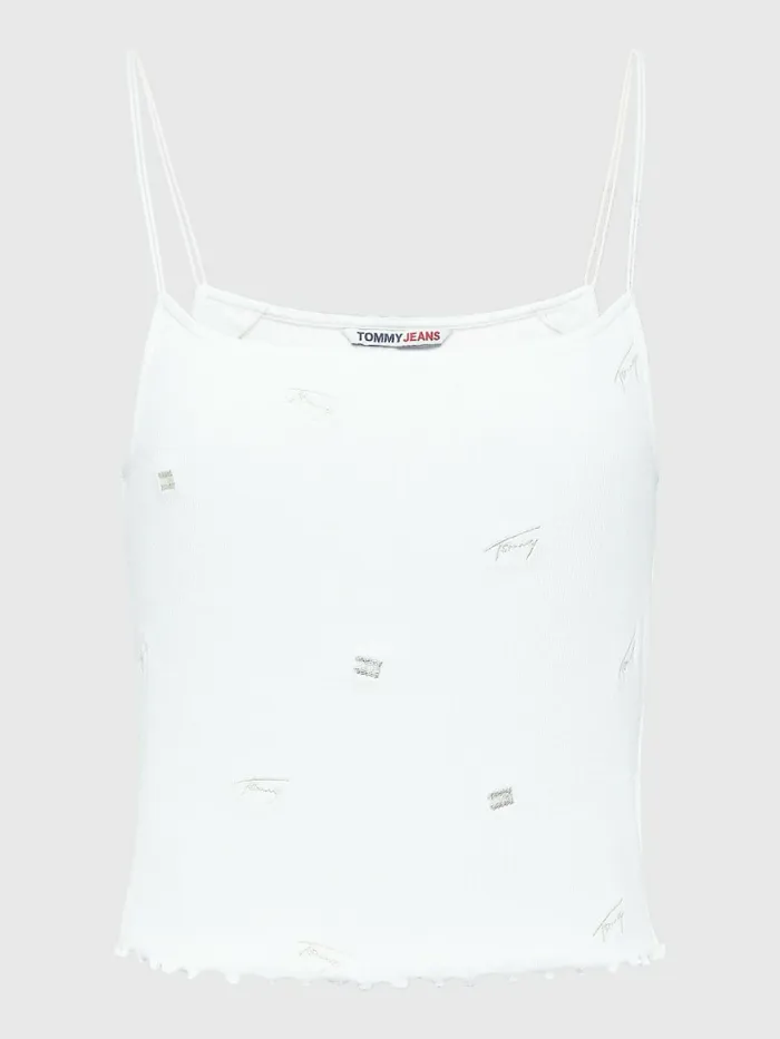 Tommy Hilfiger Embroidery Cropped Ribbed Tank Top White Womens TShirts Fashion