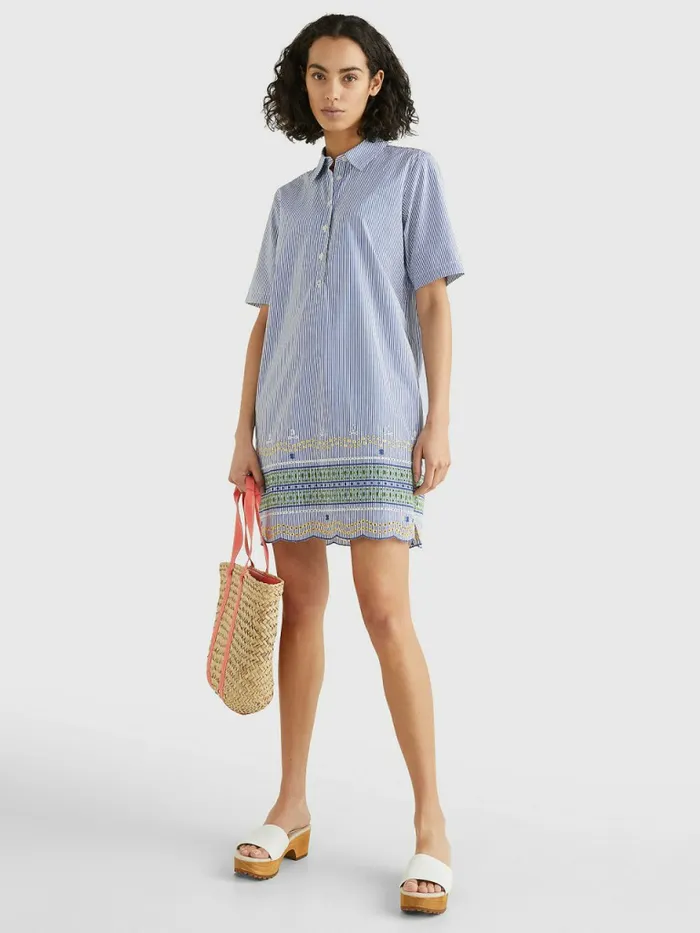 Tommy Hilfiger Embroidery Short Sleeve Shirt Dress Cutwork Ithaca StpPeri Blue Womens Dresses and Jumpsuits On Sale