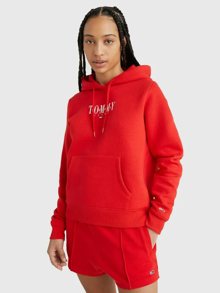 Tommy Hilfiger Essential Logo Hoody Deep Crimson Womens Sweatshirts and Hoodies Casaul