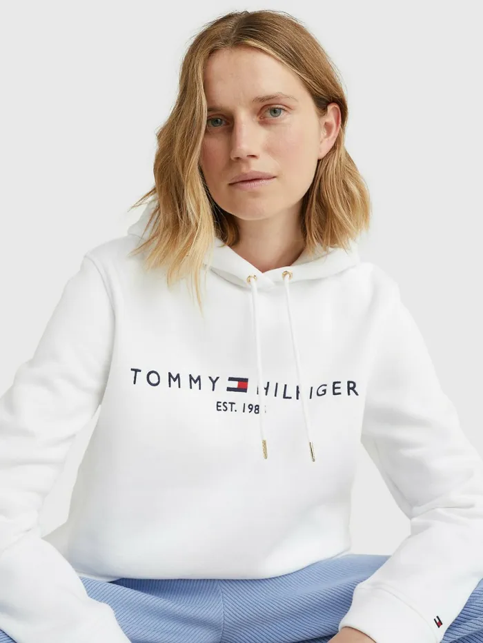 Tommy Hilfiger Essential Logo Hoody White Womens Sweatshirts and Hoodies Casaul