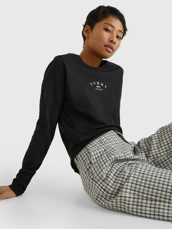 Tommy Hilfiger Essential Logo Slim Fit Long Sleeve TShirt Black Womens TShirts Online
