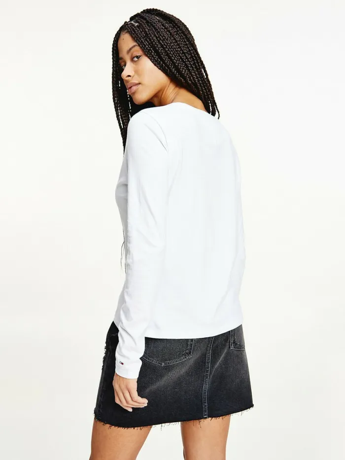 Tommy Hilfiger Essential Logo Slim Fit Long Sleeve TShirt White Womens TShirts On Sale
