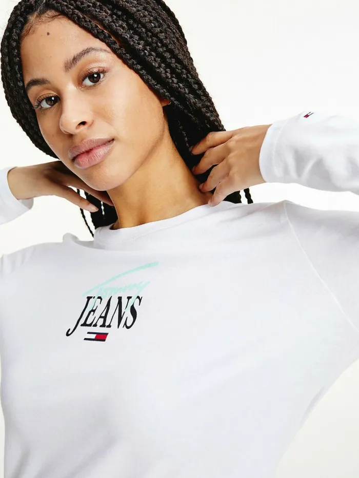 Tommy Hilfiger Essential Logo Slim Fit Long Sleeve TShirt White Womens TShirts On Sale