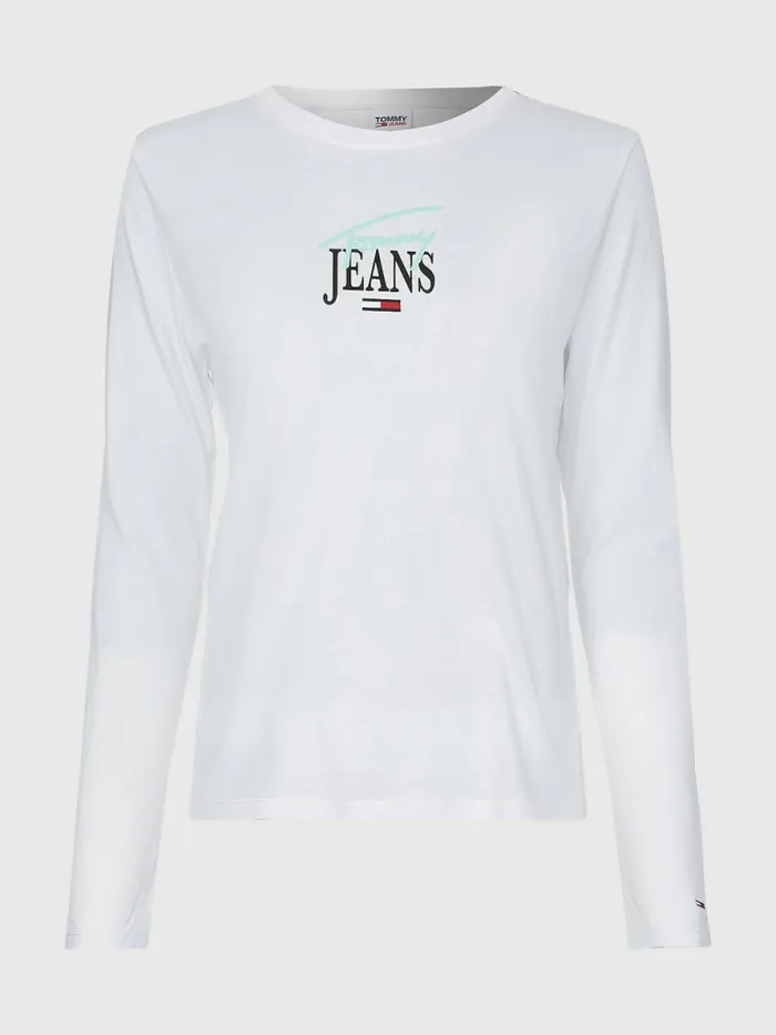 Tommy Hilfiger Essential Logo Slim Fit Long Sleeve TShirt White Womens TShirts On Sale