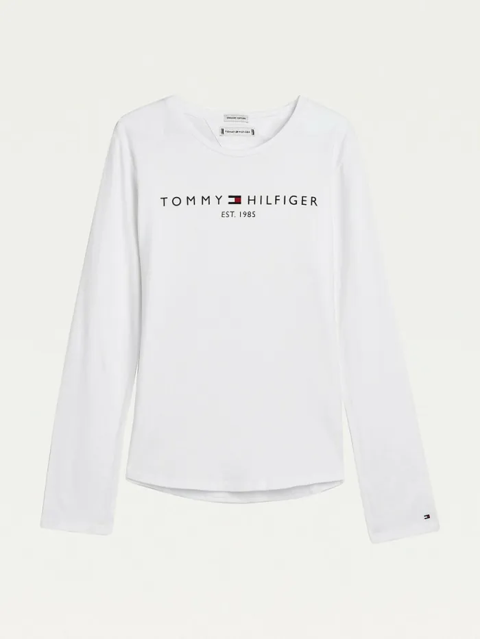 Tommy Hilfiger Essential Long Sleeve Organic Cotton TShirt White Girls Tops and TShirts Cheap On Sale