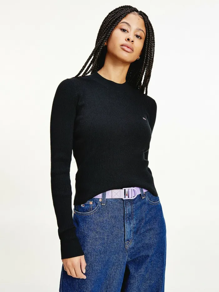 Tommy Hilfiger Essential RibKnit Jumper Black Womens Knitwear Cheap On Sale