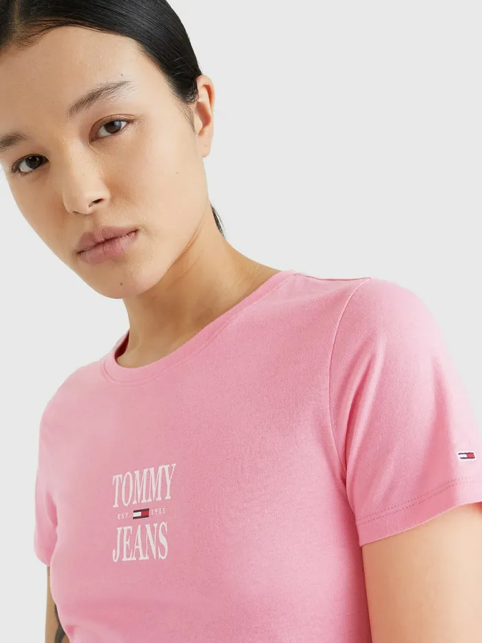 Tommy Hilfiger Essential Skinny Fit Logo TShirt Fresh Pink Womens TShirts On Sale